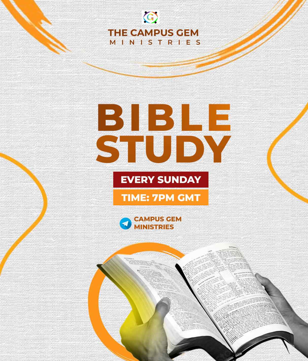 Campus GEM Bible Study flyer — every Sunday, 7 PM GMT on Telegram